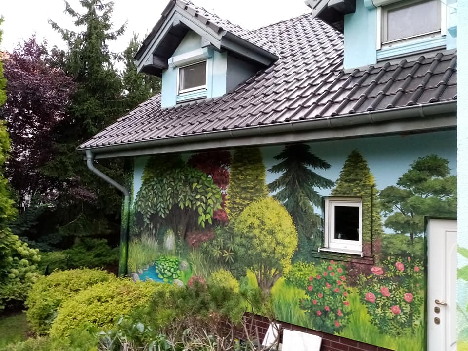 ogród na ścianie, mural z ogrodem, pejzaż